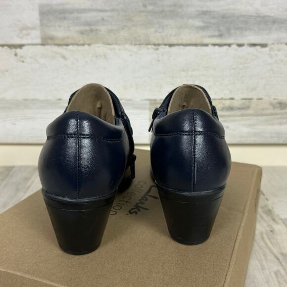 Clarks womens 8 Emily2 erin navy blue leather bootie low heel zip buckle shoe - Picture 5 of 8